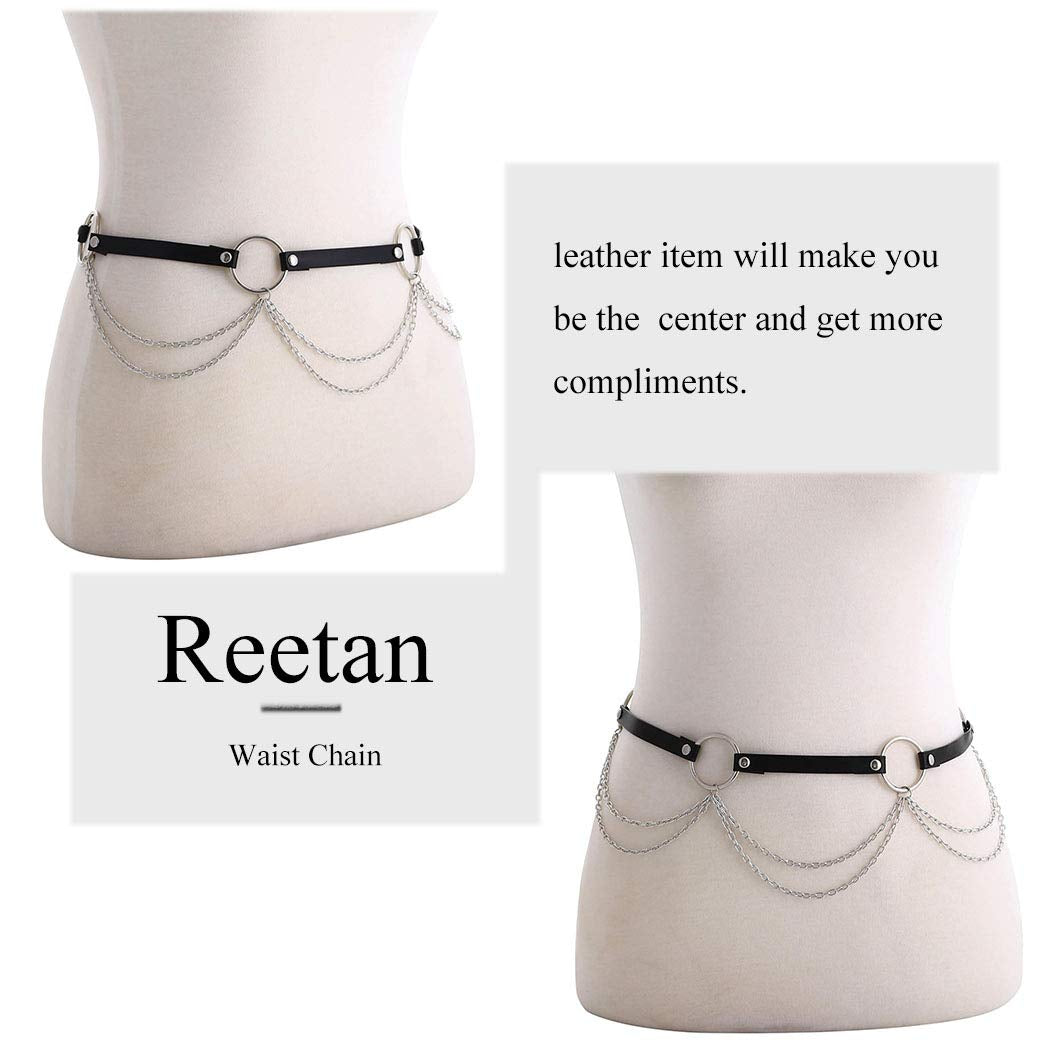 Reetan Punk Leather Body Chains Black Waist Chain Layered Nightclub Ring Belt Belly Chains Rave Party Body Jewelry Accessories for Women and Girls (A) Apparel & Accessories > Jewelry > Body Jewelry REETAN
