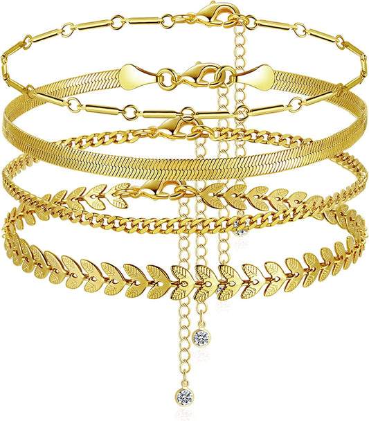 Luxval Ankle Bracelets for Women, Tennis Chain Butterfly Anklets for Women 14K Gold Bead Link Foot Jewelry CZ Stones Anklet Bracelets for BFF Gift Apparel & Accessories > Jewelry > Anklets Luxval 4pcs-Bar-Snake-Cuban-Leaf