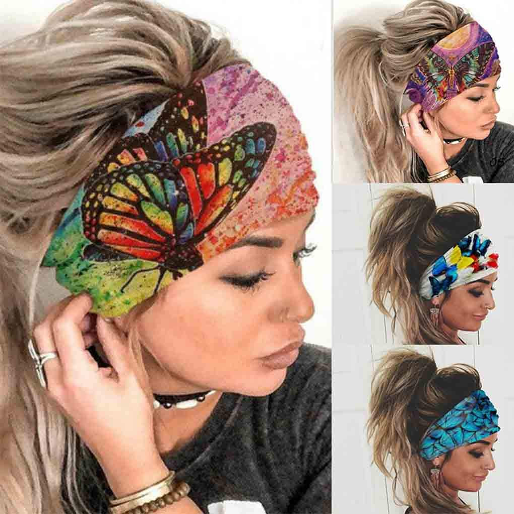 Olbye Wide Boho Headband Headwrap Butterfly Stretch Hair Bands Bandana Yoga Running Athletic Turban Head Bands Head Scarfs Hair Accessories for Women and Girls 4Pcs Apparel & Accessories > Clothing Accessories > Bandanas & Headties Olbye Boho