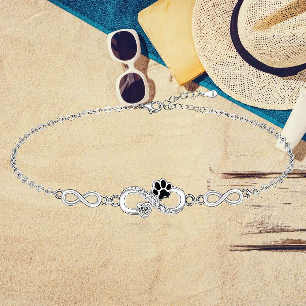 Paw Print Anklet S925 Sterling Silver Infinity Heart Puppy Dog Cat Ankle Bracelets for Women Girls Beach Pet Barefoot Paws Hawaiian Boho Cute Adjustable Anklets Mothers Day Gifts Apparel & Accessories > Jewelry > Anklets Fenthring