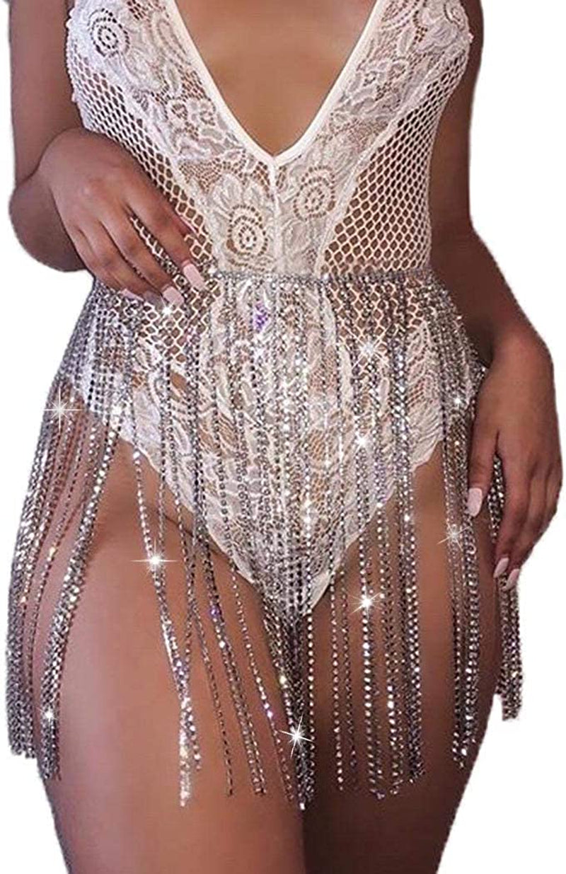 Nicute Party Rhinestone Skirt Tassel Waist Chain Crystal Body Belly Chains Club Body Jewelry for Women and Girls (Silver) Apparel & Accessories > Jewelry > Body Jewelry Nicute