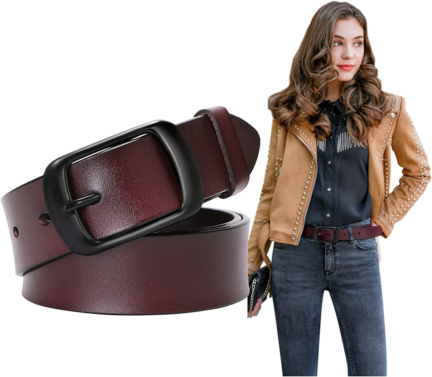 Fashion Womens Leather Belts SUOSDEY with Pin Buckle Waist Belt for Jeans Pants Apparel & Accessories > Clothing Accessories > Belts SUOSDEY 04-coffee With Matte Black Buckle Large: fits waist from 38"-42"