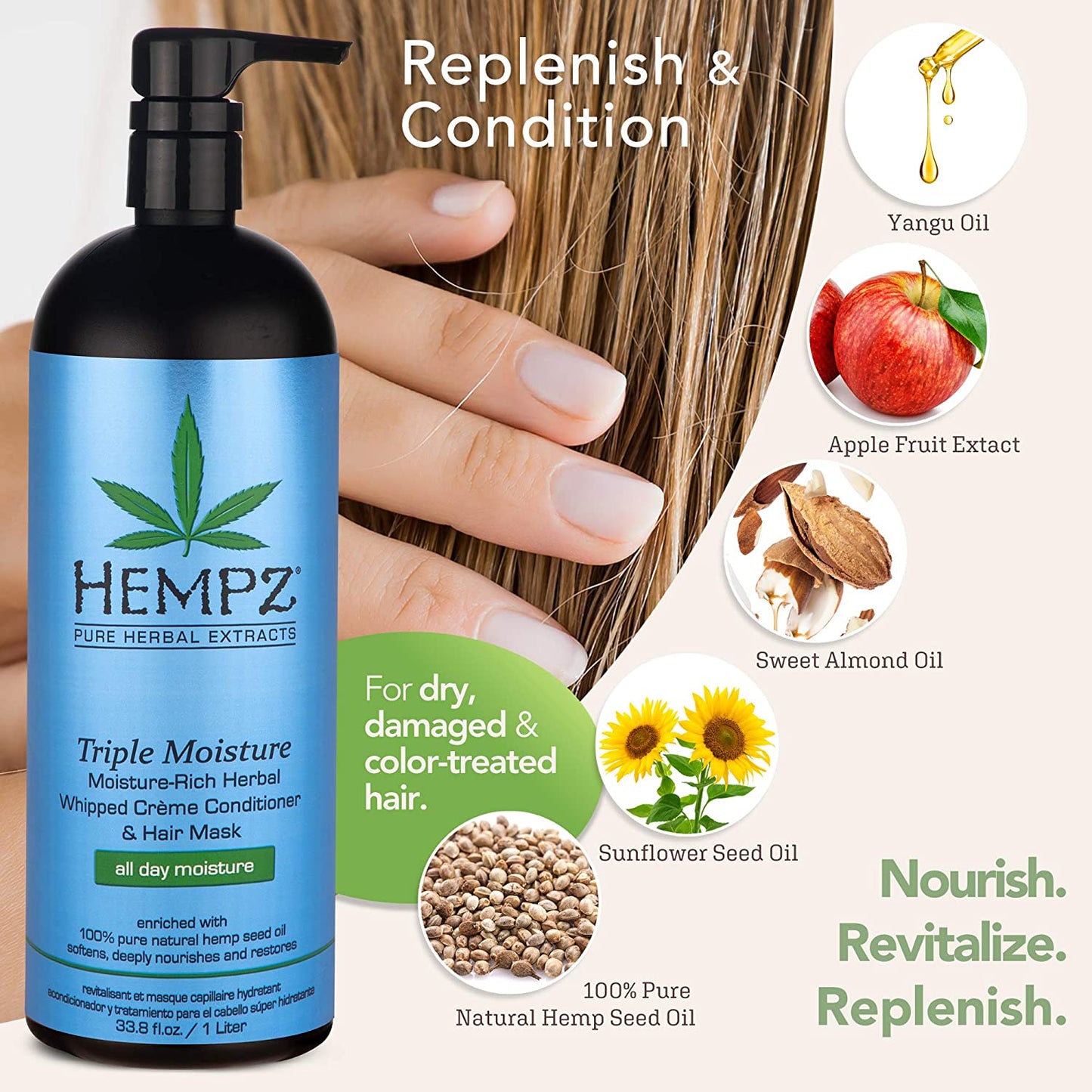 Hempz Triple Moisture-Rich Herbal Whipped Creme Conditioner and Hair Mask for Women and Men, 33.8 Oz. - Premium, Natural Moisturizing Conditioners to Repair Dry, Damaged Hair - Scented Hair Care Health & Beauty > Personal Care > Hair Care Hempz