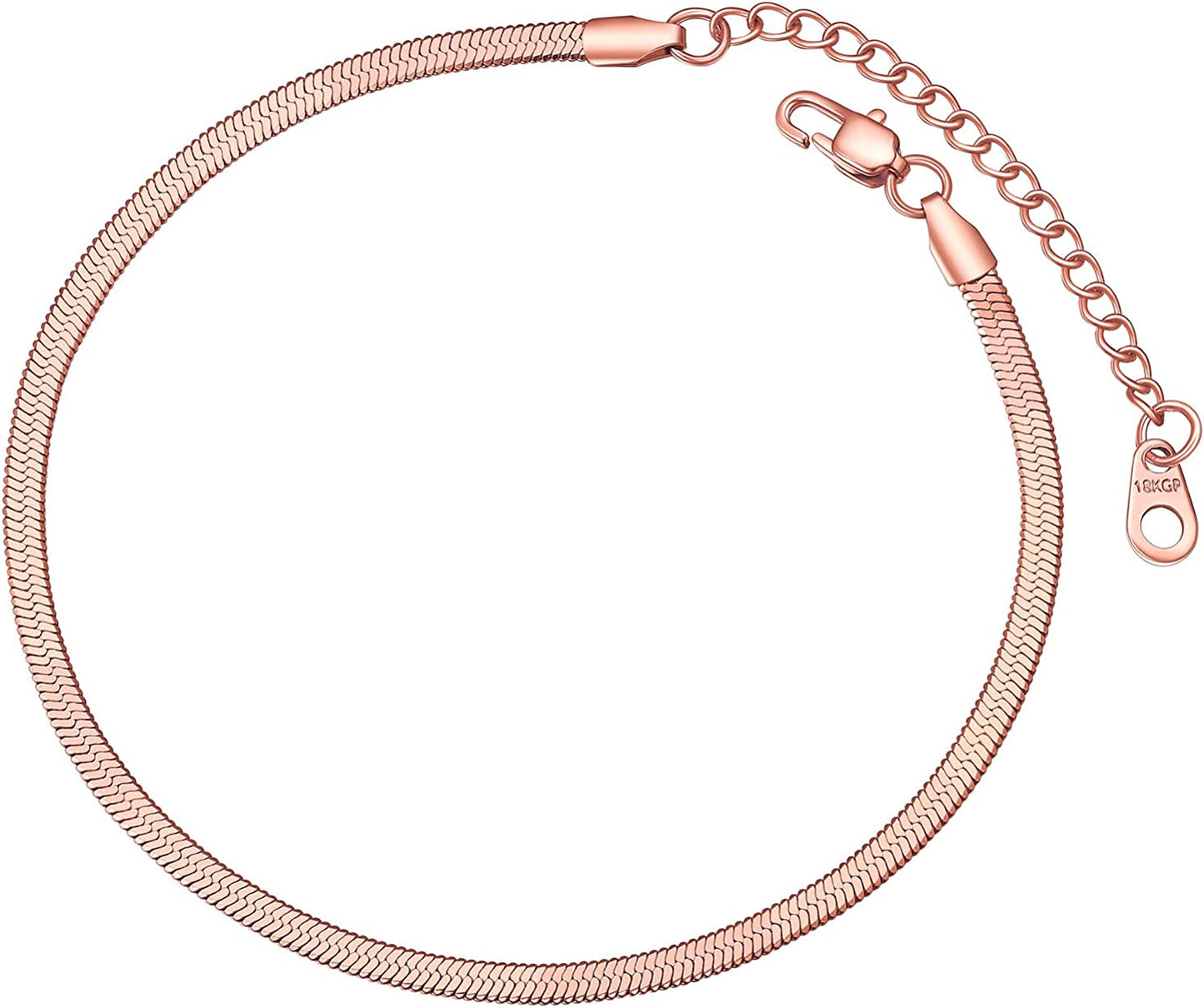 FOCALOOK 18K Gold Plated Flat Snake Chain Link Dainty Ankle Bracelets for Women, Boho Summer Beach Anklet Adjustable Foot Jewelry (4 Colors) Apparel & Accessories > Jewelry > Anklets FOCALOOK JEWELRY B:3mm Rose Gold