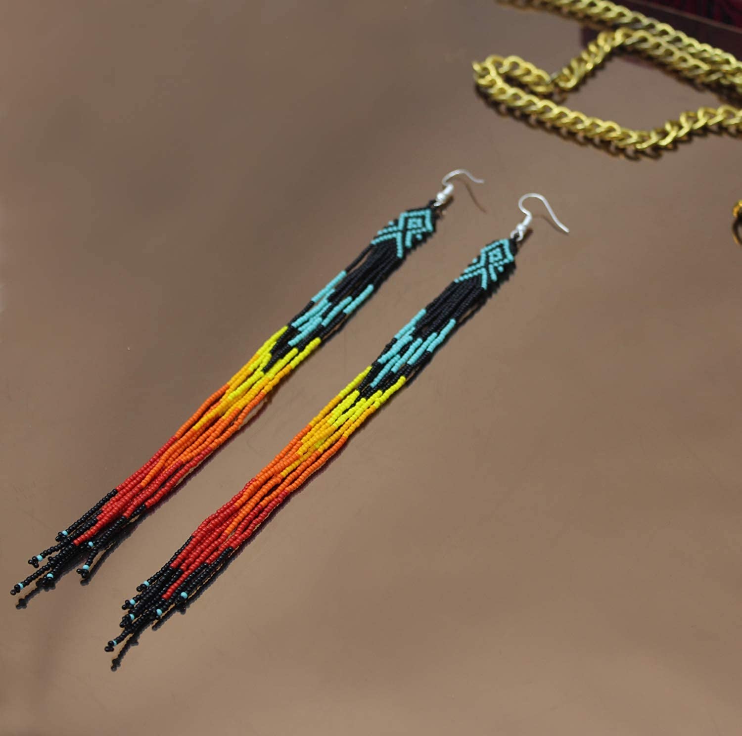 HANDMADE INDIAN FASHION JEWELRY BLACK FIRE COLOR GLASS SEED BEADS EARRINGS.EXTRA LONG E-53-SB-21 Apparel & Accessories > Jewelry > Earrings La vivia