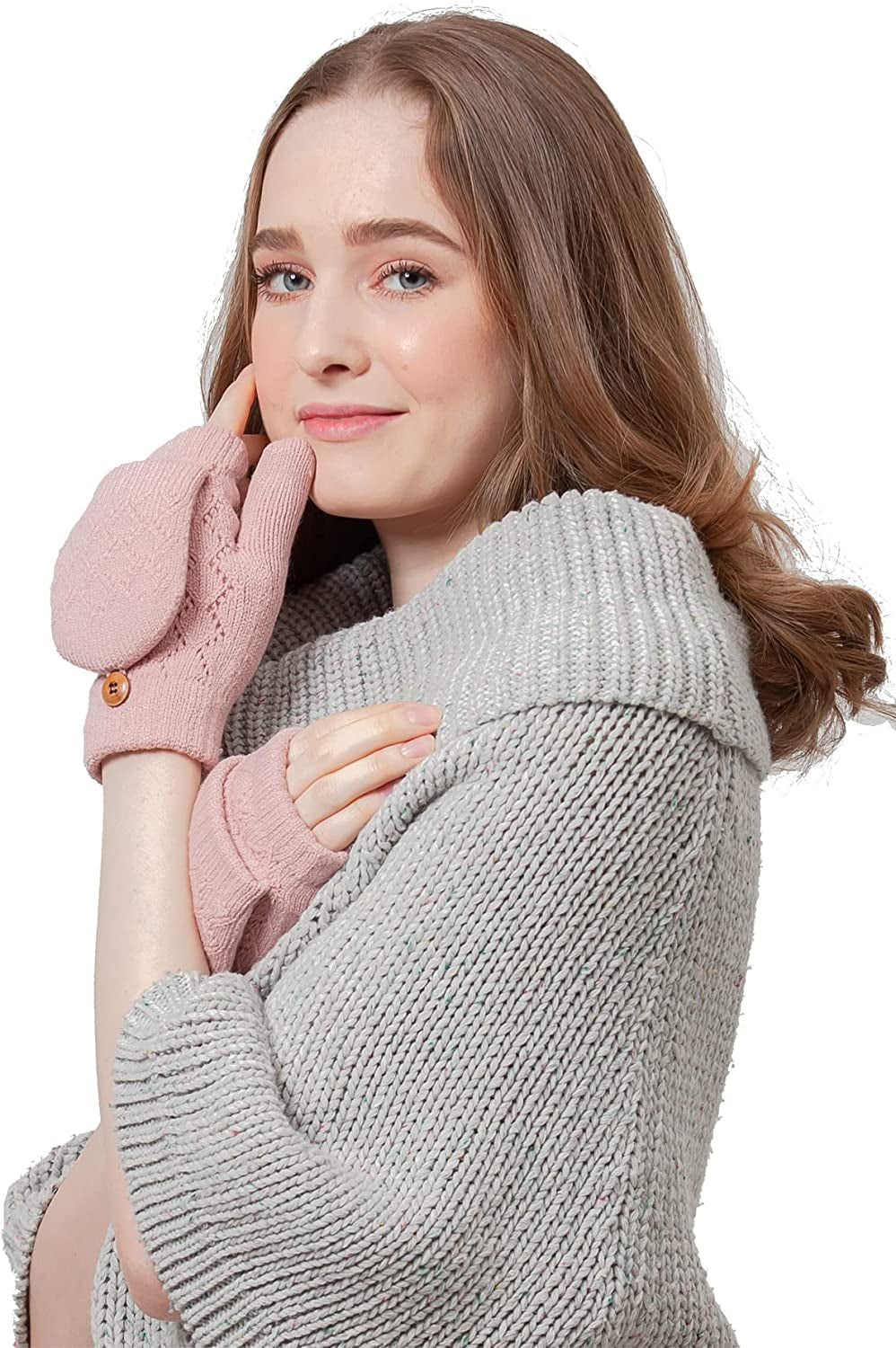 BYOS Women'S Winter Cozy Diamond Pattern Fleece Lined Flip Top Convertible Knit Gloves Mittens Apparel & Accessories > Clothing Accessories > Gloves & Mittens Be Your Own Style Pastel Pink