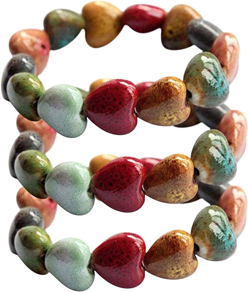 Hica Women Girls Ceramic Bracelet Heart Shape Bangle Handmade Bracelet Colorful Anklet Simple Ethnic Style Variety of Shapes Stretchy Hand Chain-3 Pcs Apparel & Accessories > Jewelry > Anklets Hica