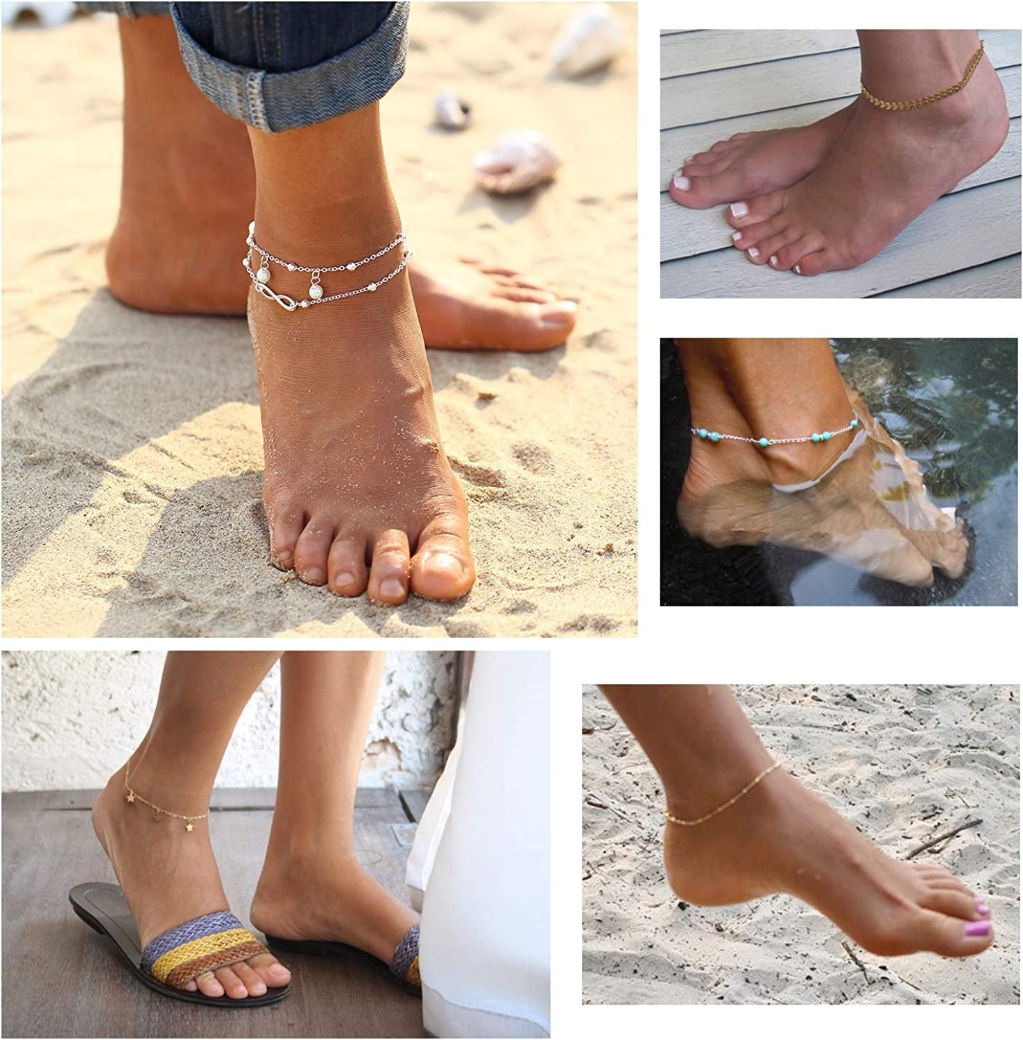 Softones 16Pcs Ankle Bracelets for Women Girls Gold Silver Two Style Chain Beach Anklet Bracelet Jewelry Anklet Set,Adjustable Size Apparel & Accessories > Jewelry > Anklets Softones
