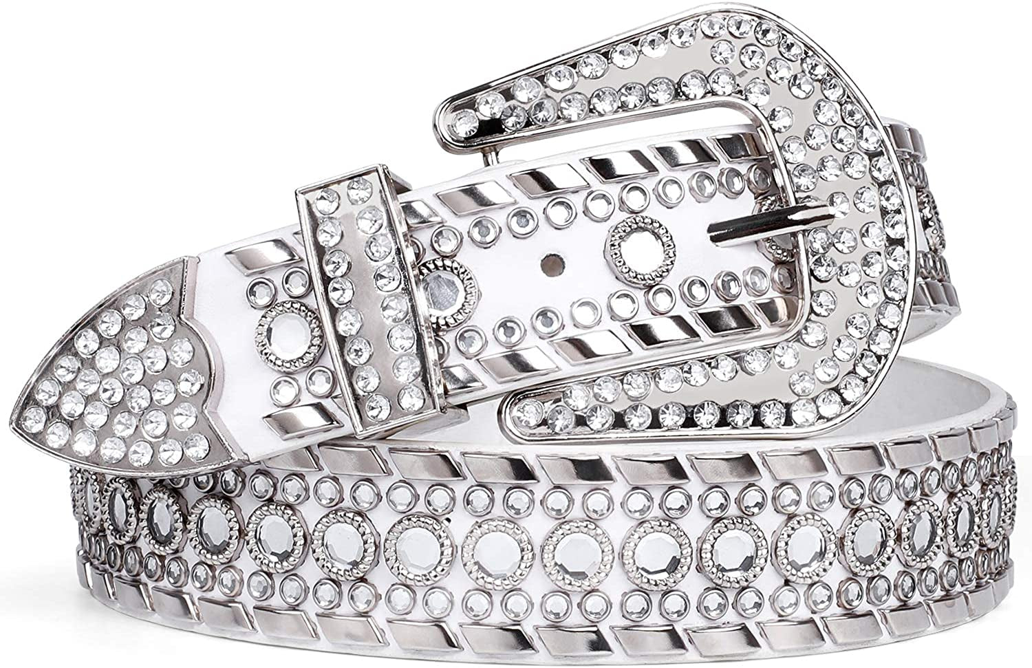 Rhinestone Belt for Men Women SUOSDEY Western Cowboy Cowgirl Bling Studded Leather Belt for Jeans Pants Apparel & Accessories > Clothing Accessories > Belts SUOSDEY 02-white L: fits pants size 38”-42”