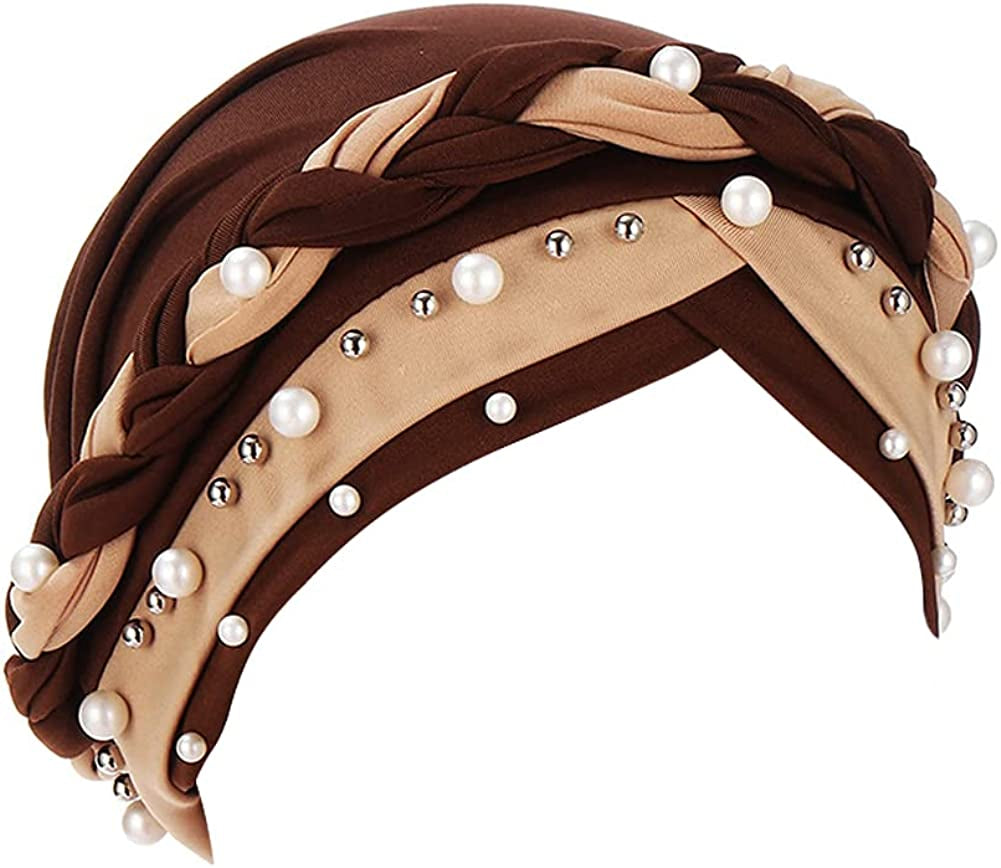 Fxhixiy Women Hijab Beading Pearl Braid Turban Hat Head Scarf Cancer Chemo Beanies Bandana Headwrap Cap Apparel & Accessories > Clothing Accessories > Headwear Fxhixiy Coffee Khaki