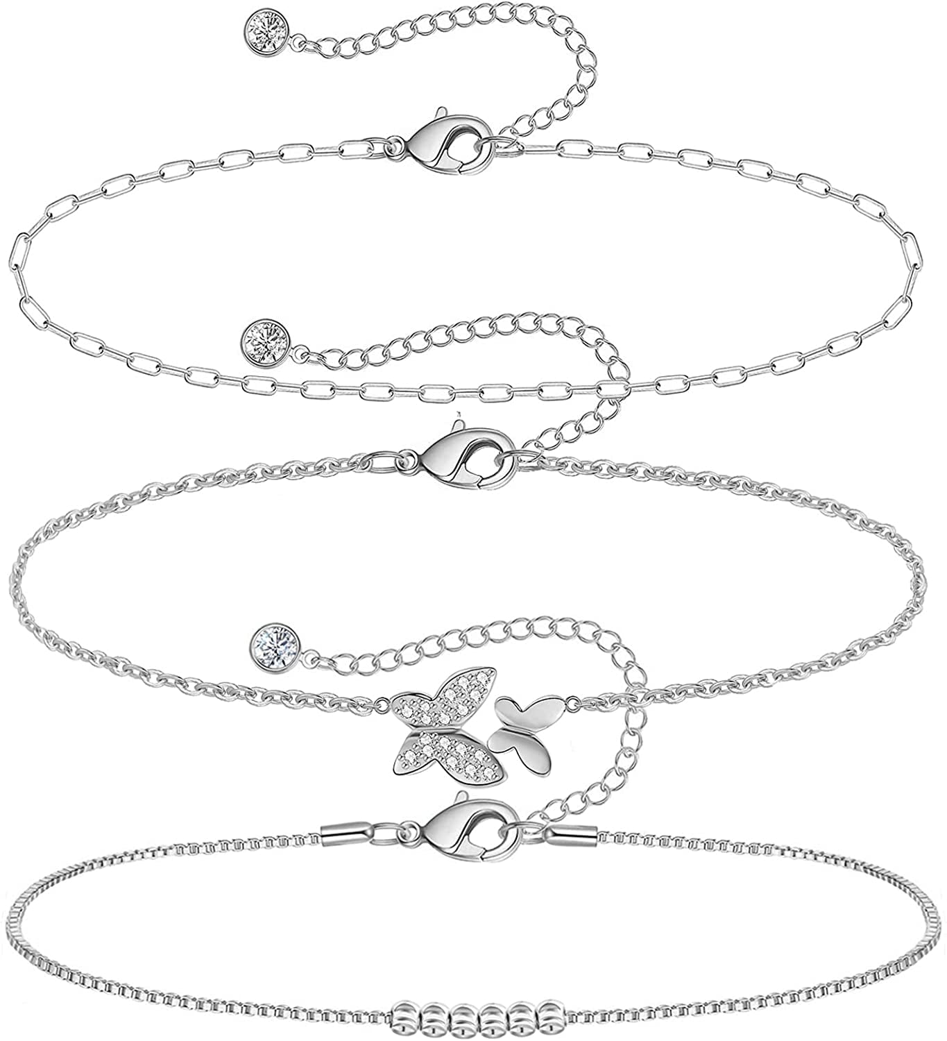 Gold Ankle Bracelets for Women 14K Gold Plated Anklet Silver Tennis Butterfly Star Coin Quartz Bead Snake Paperclip Chain Dainty Layered Anklet Set 3Pcs Jewelry Gifts for Teen Girls Apparel & Accessories > Jewelry > Anklets Vermeyen H-White Gold-Butterfly