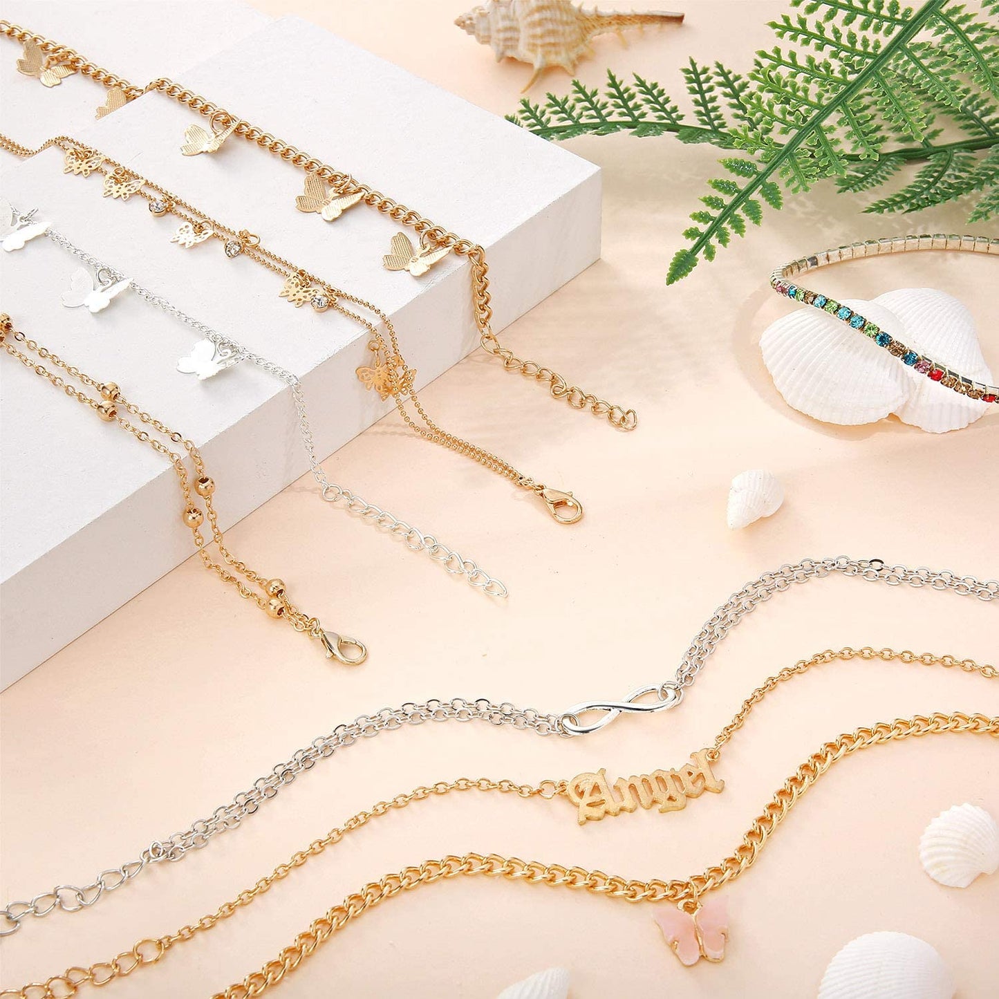 Hicarer 8 Pieces Anklets for Women Cute Charms Butterfly Ankle Bracelets Colorful Rhinestone Anklets Boho Beach Layered Chain Anklets for Girls Foot Jewelry Apparel & Accessories > Jewelry > Anklets Hicarer