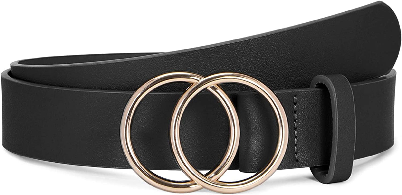 Women Leather Belt Fashion Double O-Ring Soft Faux Leather Waist Belts for Jeans Dress Apparel & Accessories > Clothing Accessories > Belts SUOSDEY B-black/Fixed Buckle M: 29''-34'' Waist Size