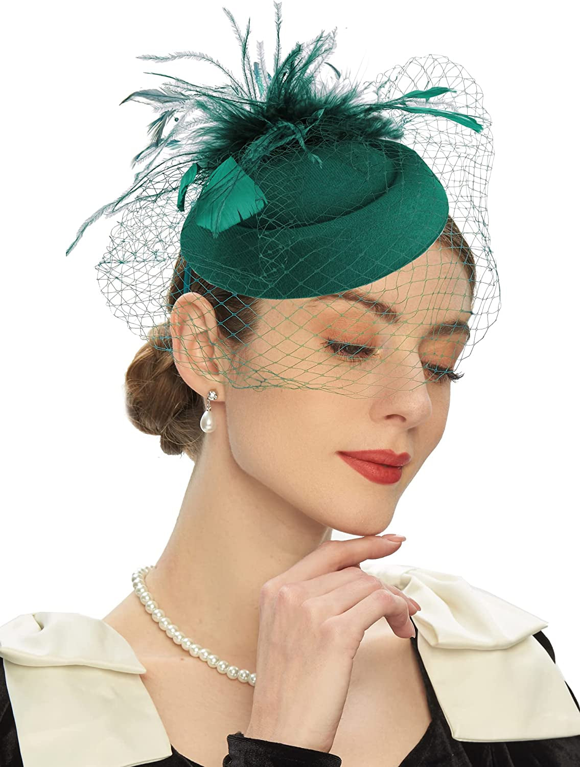 Fascinators Hats 20S 50S Hat Pillbox Hat Cocktail Tea Party Headwear with Veil for Girls and Women Apparel & Accessories > Clothing Accessories > Headwear Cizoe B-green