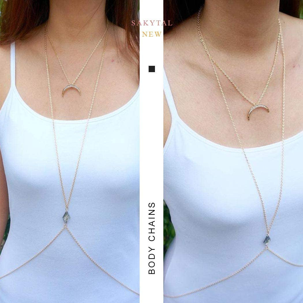 Sakytal Gold Body Chain Layered Moon Bra Bikini Chain Rhinestone Sexy Nightclub Body Jewelry for Women and Girls Apparel & Accessories > Jewelry > Body Jewelry Sakytal