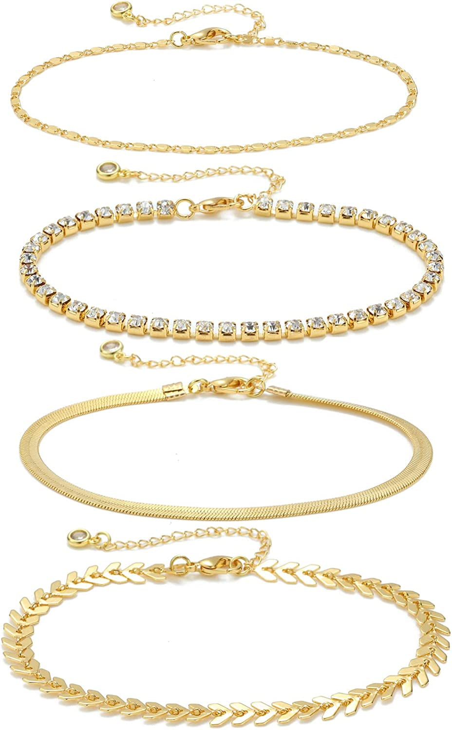 Met-Edianger 4 Pcs Women Anklets 18K Gold Bracelets Layered Anklets Set Cubic Zirconia Beach Foot Jewelry Apparel & Accessories > Jewelry > Anklets met-edianger Gold Anklet 4 Set