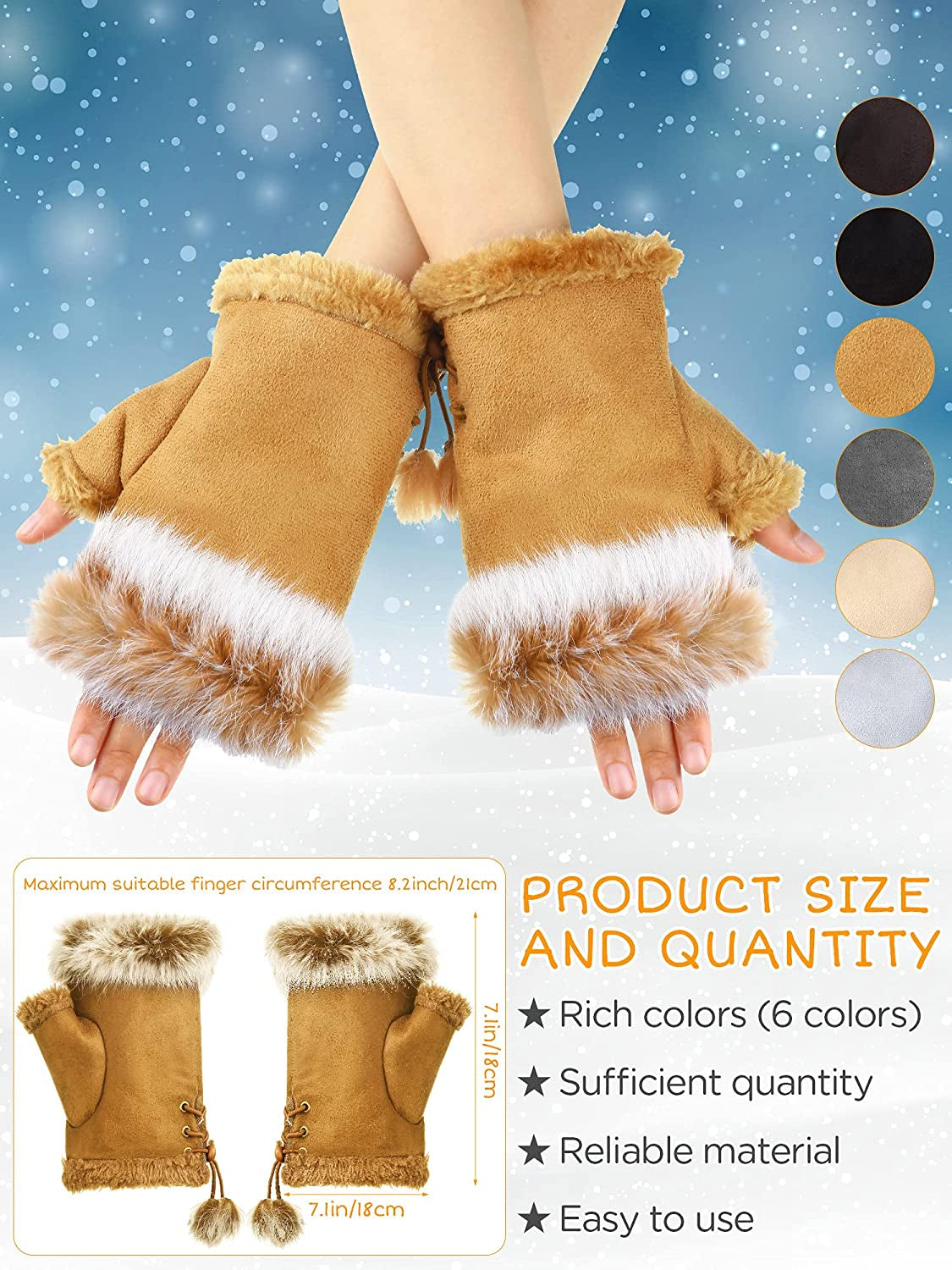 SATINIOR 6 Pairs Women Faux Rabbit Fur Gloves Fingerless Winter Gloves Mittens Warm Gloves Stretchy Hand Wrist Warmers Gloves Half Gloves for Women Girls Teen Working Writing Apparel & Accessories > Clothing Accessories > Gloves & Mittens SATINIOR