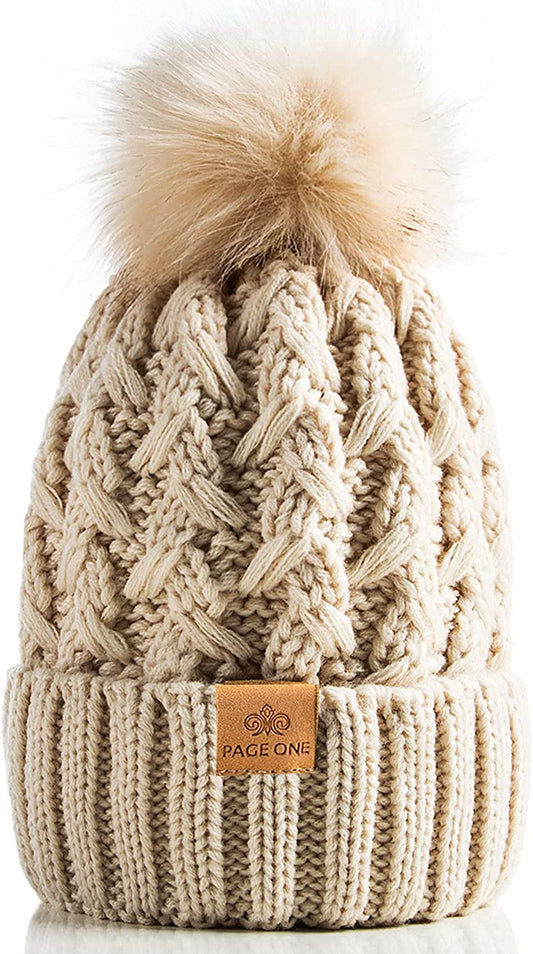 PAGE ONE Womens Winter Ribbed Beanie Crossed Cap Chunky Cable Knit Pompom Soft Warm Hat Apparel & Accessories > Clothing Accessories > Hats PAGE ONE Beige