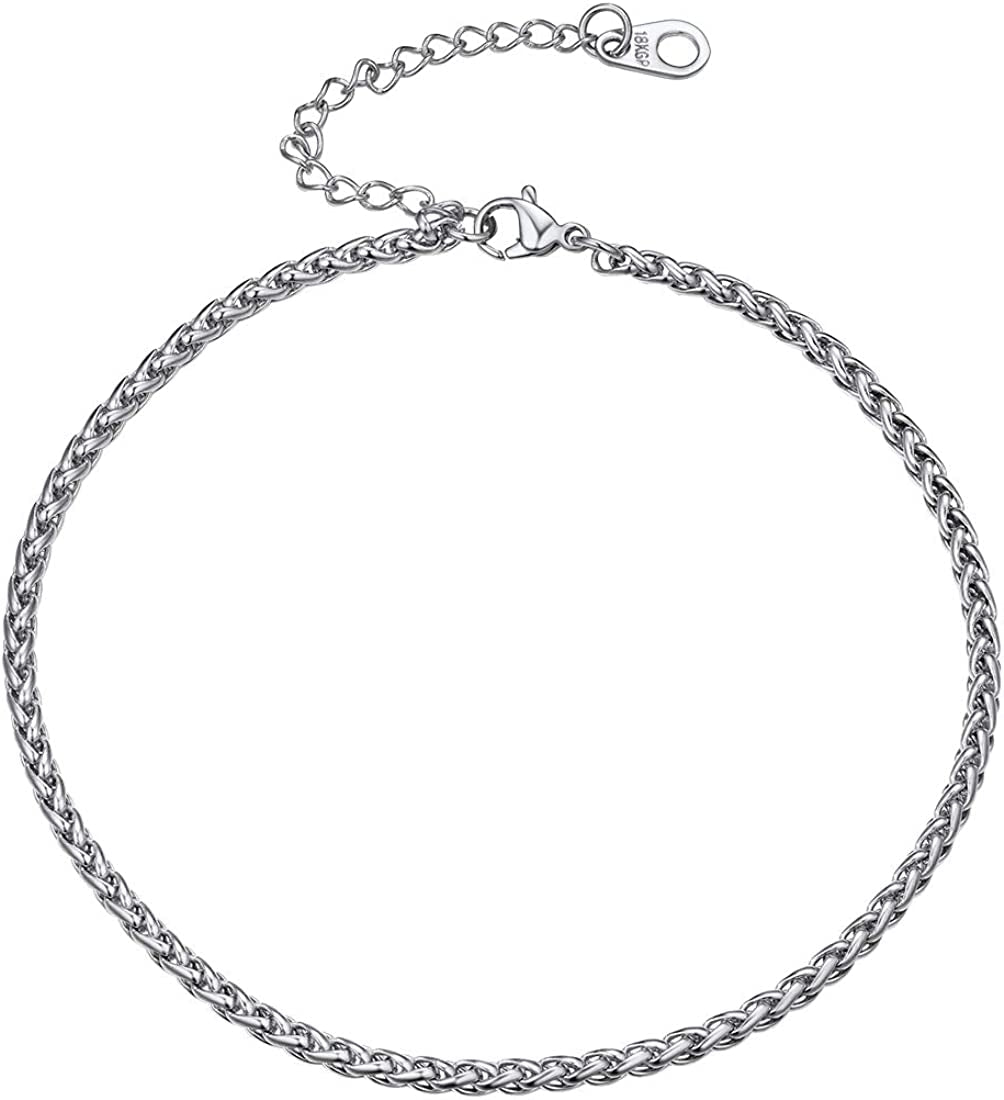 Women Girls Barefoot Jewelry 18K Gold or Rose Gold Stainless Steel Heart / Rope / Figaro / Cuban Chain Anklet Foot Bracelet, 25-30 CM Long Apparel & Accessories > Jewelry > Anklets U7 Jewelry 05.Stainless steel-3mm wheat chain