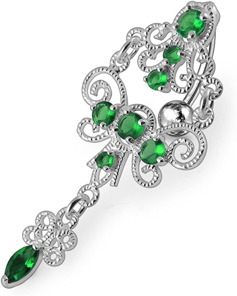 Jeweled Chandeliers Dangling 925 Sterling Silver Belly-Navel Ring Body Jewelry Apparel & Accessories > Jewelry > Body Jewelry PiercingPoint Dark Green