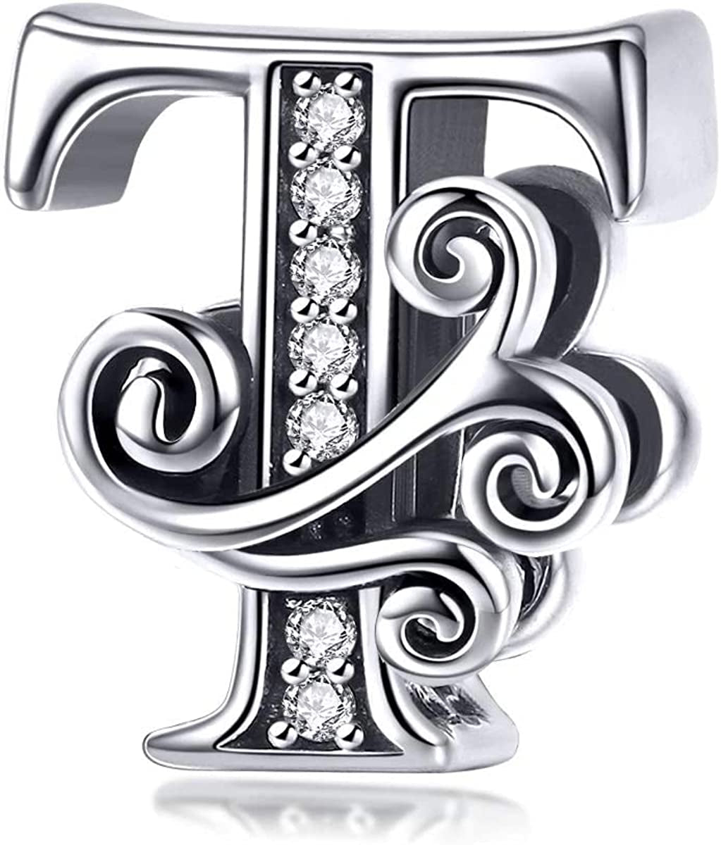 Solid 925 Sterling Silver with Cubic Stones, Complete A~Z Gift Options Alphabet Charm Letter Beads Fit Pandora European Bracelets Apparel & Accessories > Jewelry > Bracelets ABAOLALA ALPHABET T