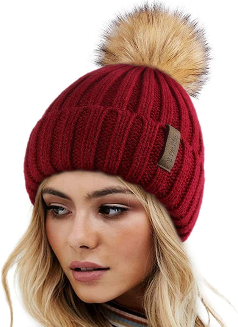 FURTALK Womens Winter Knitted Beanie Hat with Faux Fur Pom Warm Knit Skull Cap Beanie for Women… Apparel & Accessories > Clothing Accessories > Hats KYLIE MAX 09-wine Red