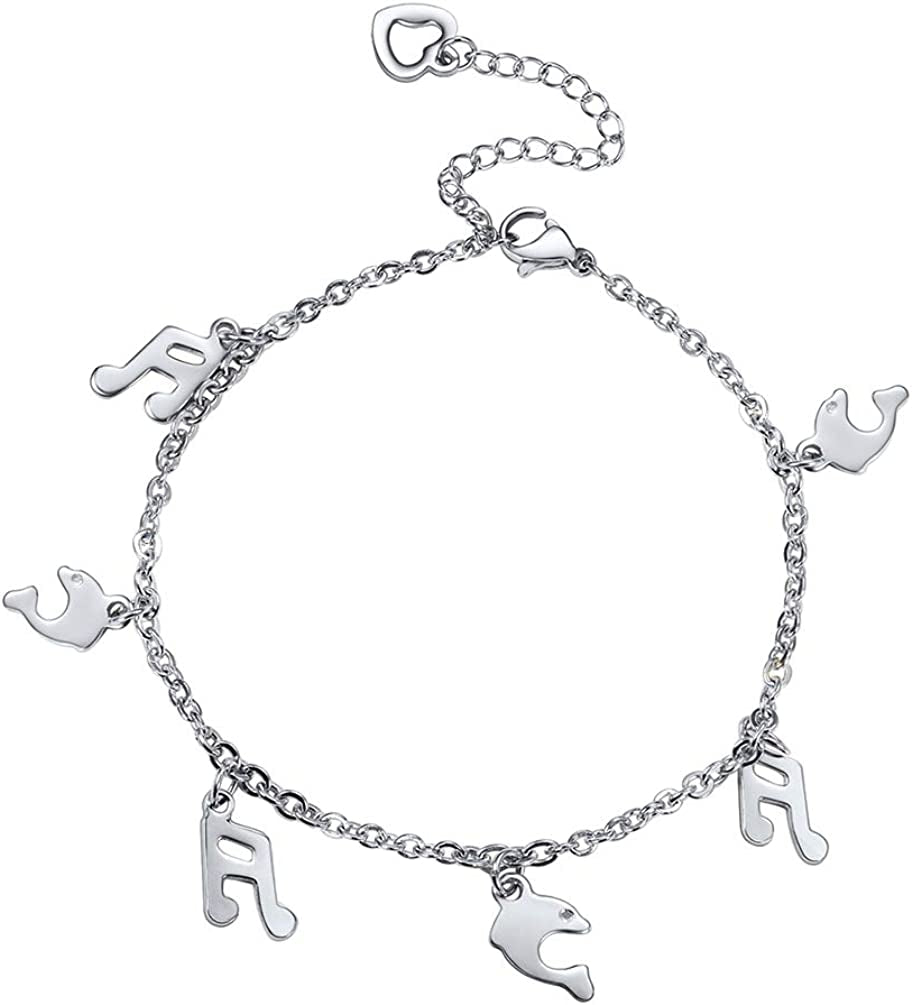 PROSTEEL Stainless Steel Chain Anklets for Men Women, Silver/Gold Tone, Ankle Bracelets Hypoallergenic, 8-10.5 Inch Adjustable, Come Gift Box Apparel & Accessories > Jewelry > Anklets Prosteel Jewelry M: silver-dolphin music note charm