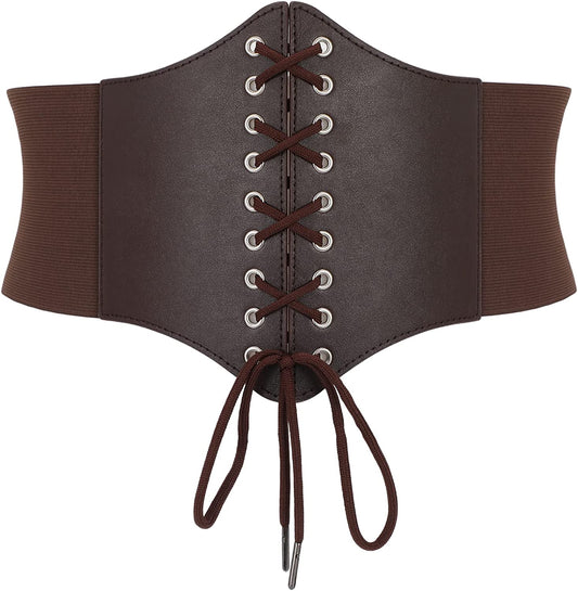 Corset Belt for Women Lace up Elastic Leather Waist Corset Tied Waspie Belt for Renaissance Pirate Halloween Costume Apparel & Accessories > Clothing Accessories > Belts WOWOGO 2-coffee Fit Waist Size 24"-26"