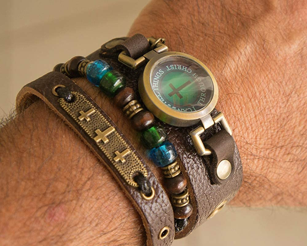 Cross Bracelet - Adjustable Brown Leather Bracelet with Christian Cross, Religious Jewelry (Three Crosses) Apparel & Accessories > Jewelry > Bracelets Lost Tribe Designs