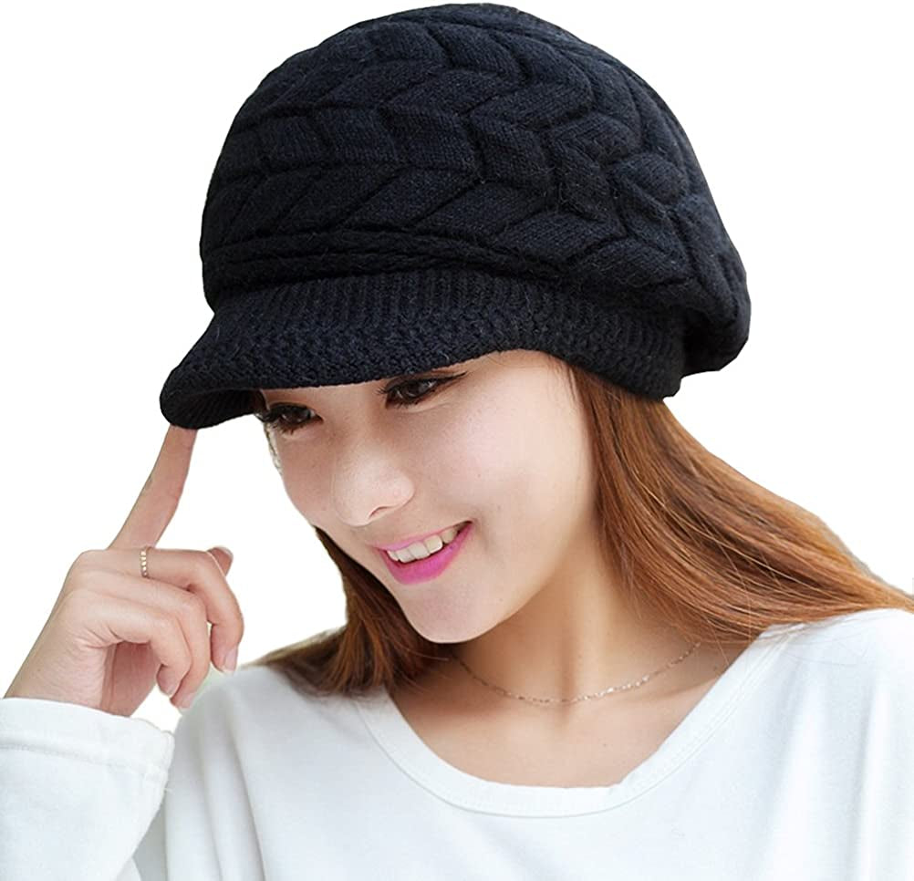 HINDAWI Women Winter Warm Knit Hat Wool Snow Ski Caps with Visor Apparel & Accessories > Clothing Accessories > Hats HINDAWI Black
