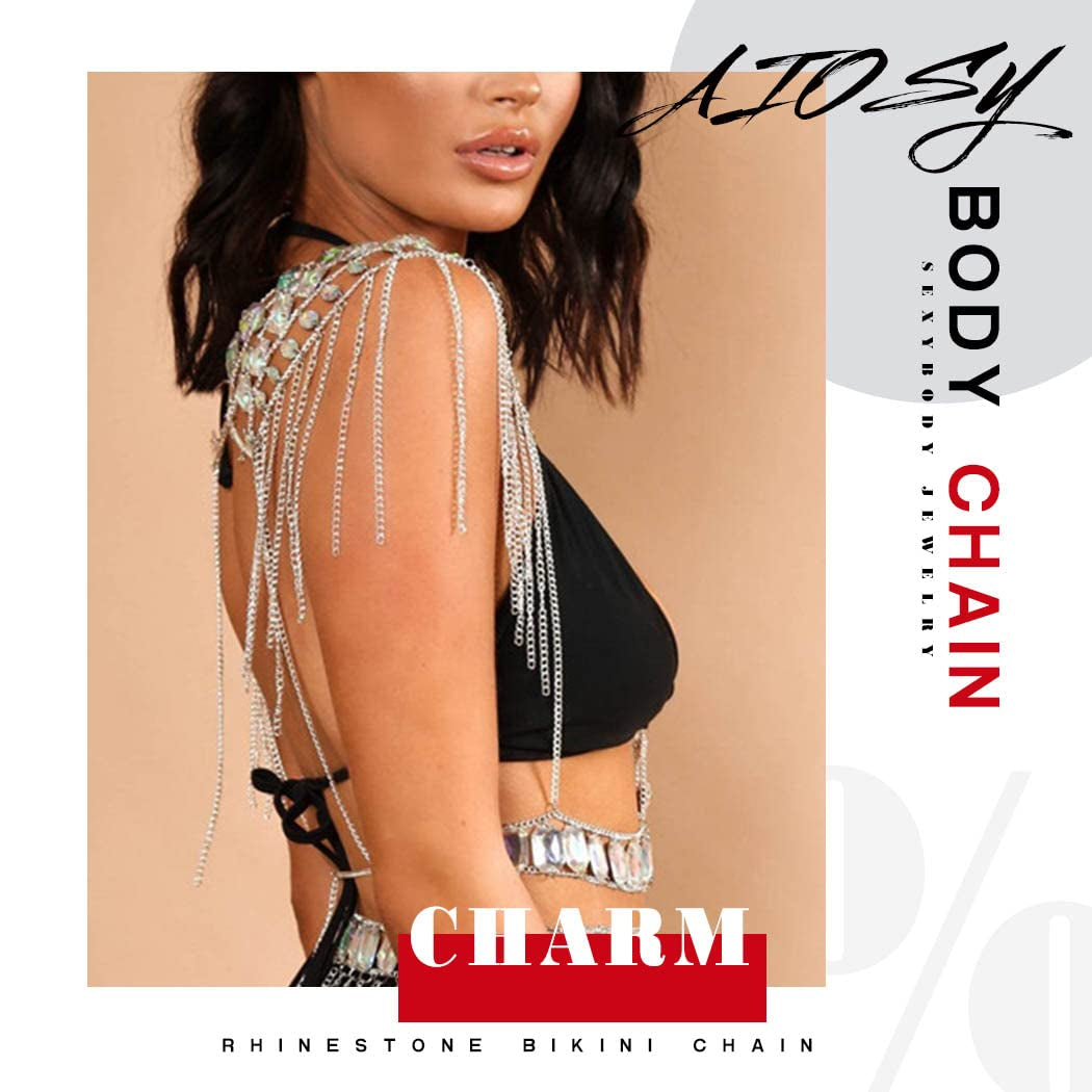 Salliy Boho Rhinestone Bikini Chain Set Silver Sexy Sequins Mesh Body Chains Summer Bra Body Jewelry for Women and Girls (Jacket) Apparel & Accessories > Jewelry > Body Jewelry Salliy