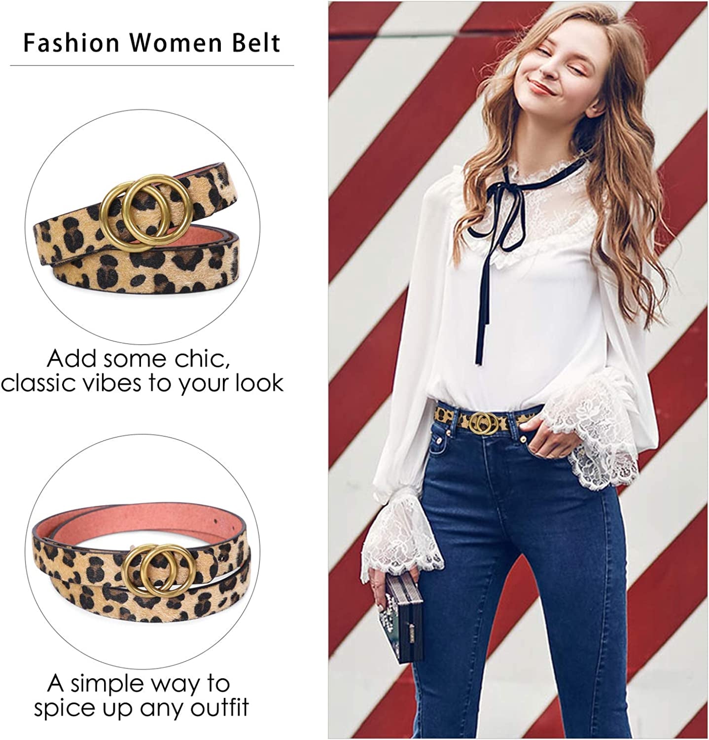 Double Ring Leather Belts for Women SANSTHS O-Style Gold Buckle Skinny Dress Belt 0.86 Inch Width for Jeans Pants Apparel & Accessories > Clothing Accessories > Belts SANSTHS