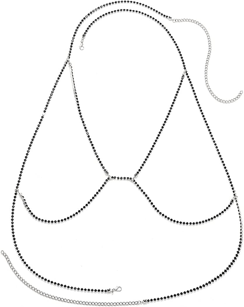 Woeoe Rhinestone Chain Bra Crystal Body Chains for Women Necklace Sexy Bikini Nightclub Body Chain Jewelry Apparel & Accessories > Jewelry > Body Jewelry Woeoe black