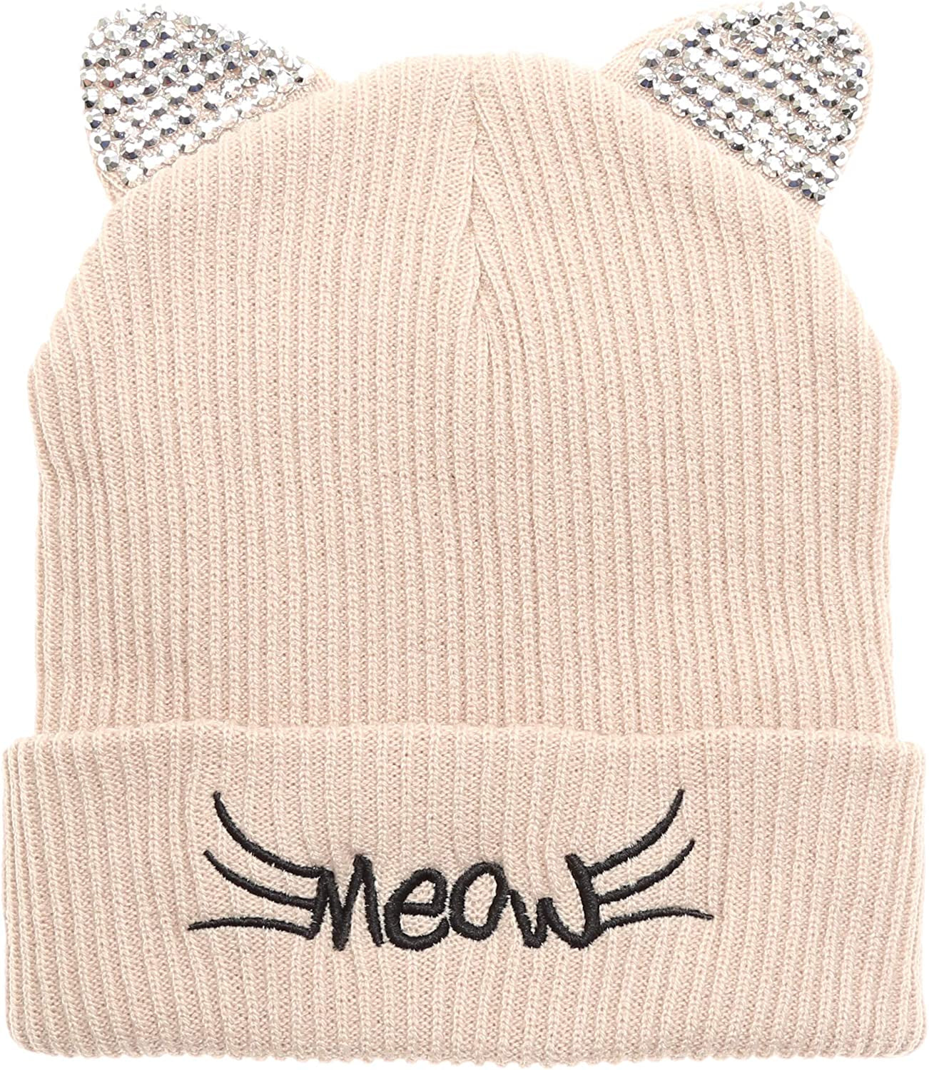 MIRMARU Women’S Soft Warm Embroidered Meow Cat Ears Knit Beanie Hat with Stone Embellished Apparel & Accessories > Clothing Accessories > Hats MIRMARU Beige One Size