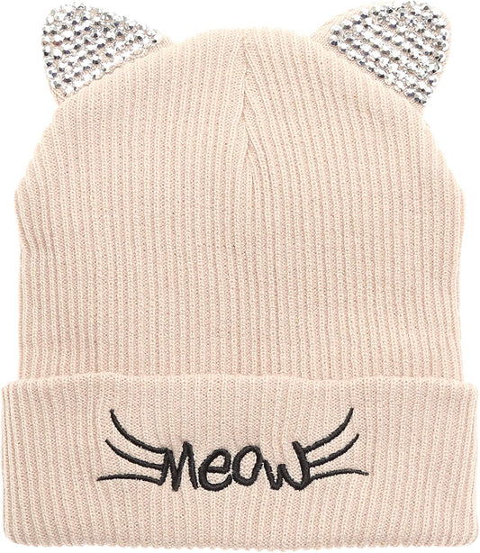 MIRMARU Women’S Soft Warm Embroidered Meow Cat Ears Knit Beanie Hat with Stone Embellished Apparel & Accessories > Clothing Accessories > Hats MIRMARU Beige One Size