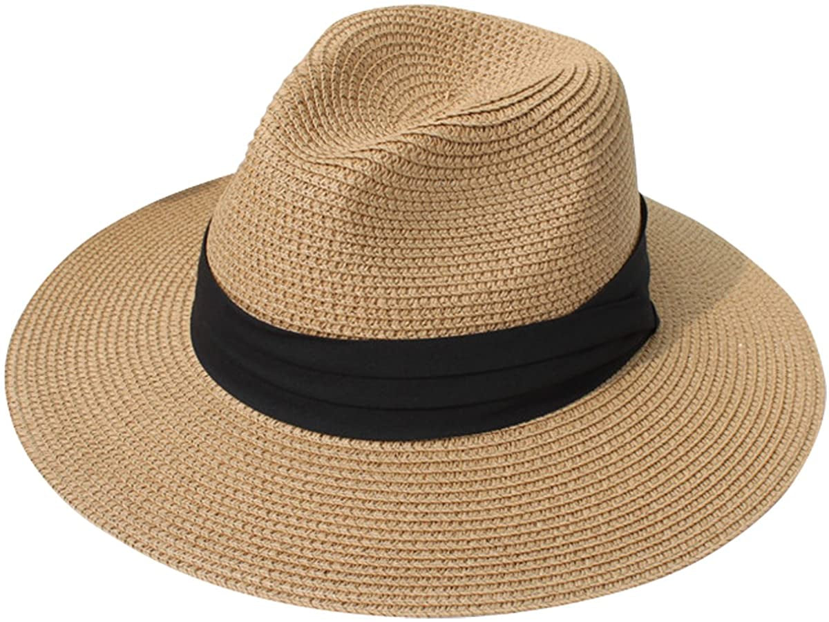 Lanzom Women Wide Brim Straw Panama Roll up Hat Belt Buckle Fedora Beach Sun Hat UPF50+ Apparel & Accessories > Clothing Accessories > Hats Lanzom A-square Belt Brown One Size