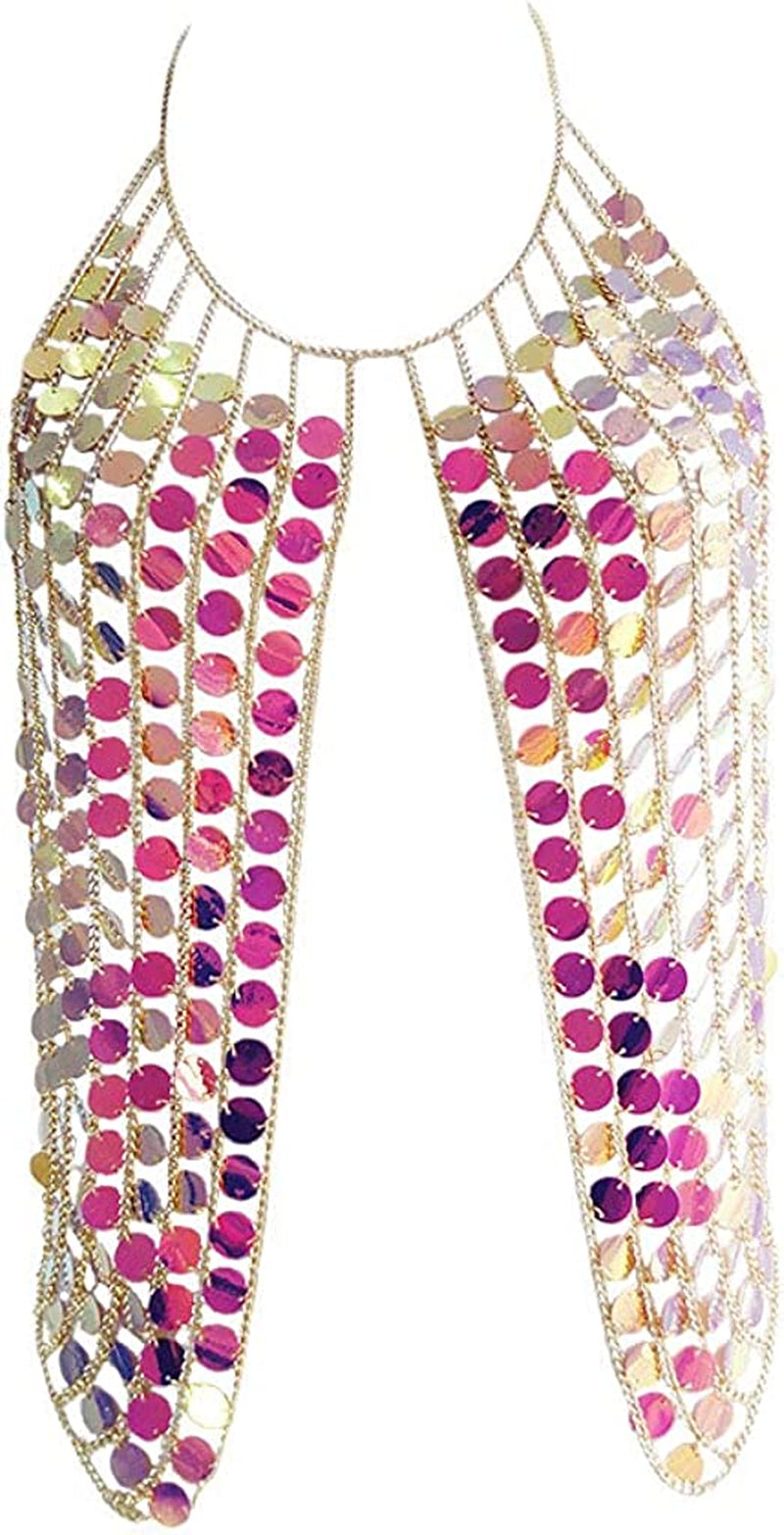 Sinkcangwu Women'S Body Chain Necklace Sexy Bra Jewelry Harness Top for Wedding Halloween Costume Apparel & Accessories > Jewelry > Body Jewelry Sinkcangwu Purple and Pink