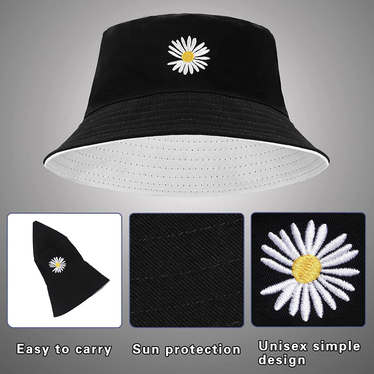 Bucket Hat - Unisex Black Bucket Hat for Women, Travel Beach Fisherman Summer Cap, Sun Protection Windproof Beach Bucket Hats for Men Teens Kids, Flower Embroidery Apparel & Accessories > Clothing Accessories > Hats clubone
