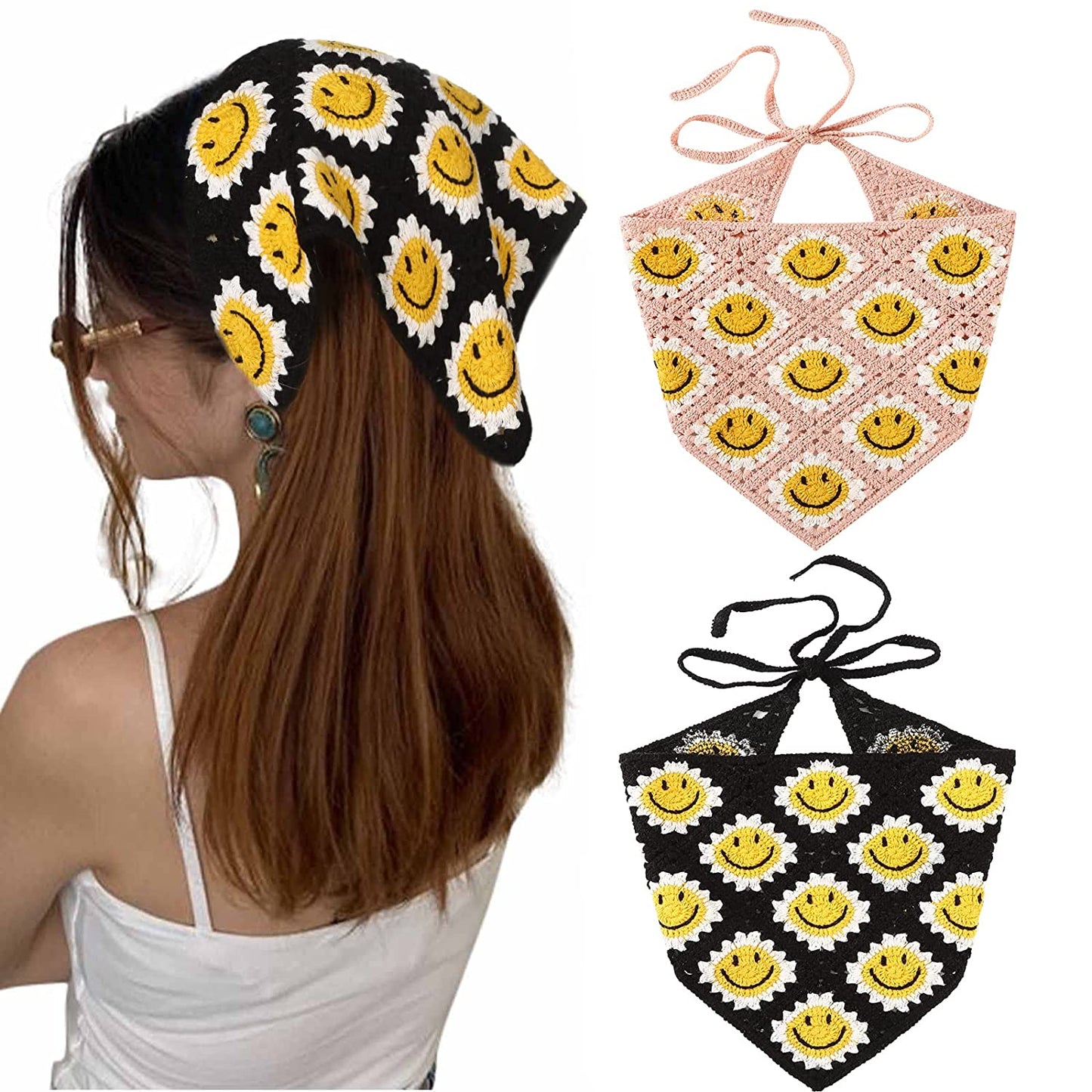Crochet Bandana Head Kerchief Hair Scarf 2Pcs Knitted Hair Scarves Crochet Hair Kerchief Tie Bcak Headwrap Floral Hair Bandanas for Women Girls Scarf (Daisy(Purple+Green)) Apparel & Accessories > Clothing Accessories > Bandanas & Headties AWAYTR Smile (Black+pink)