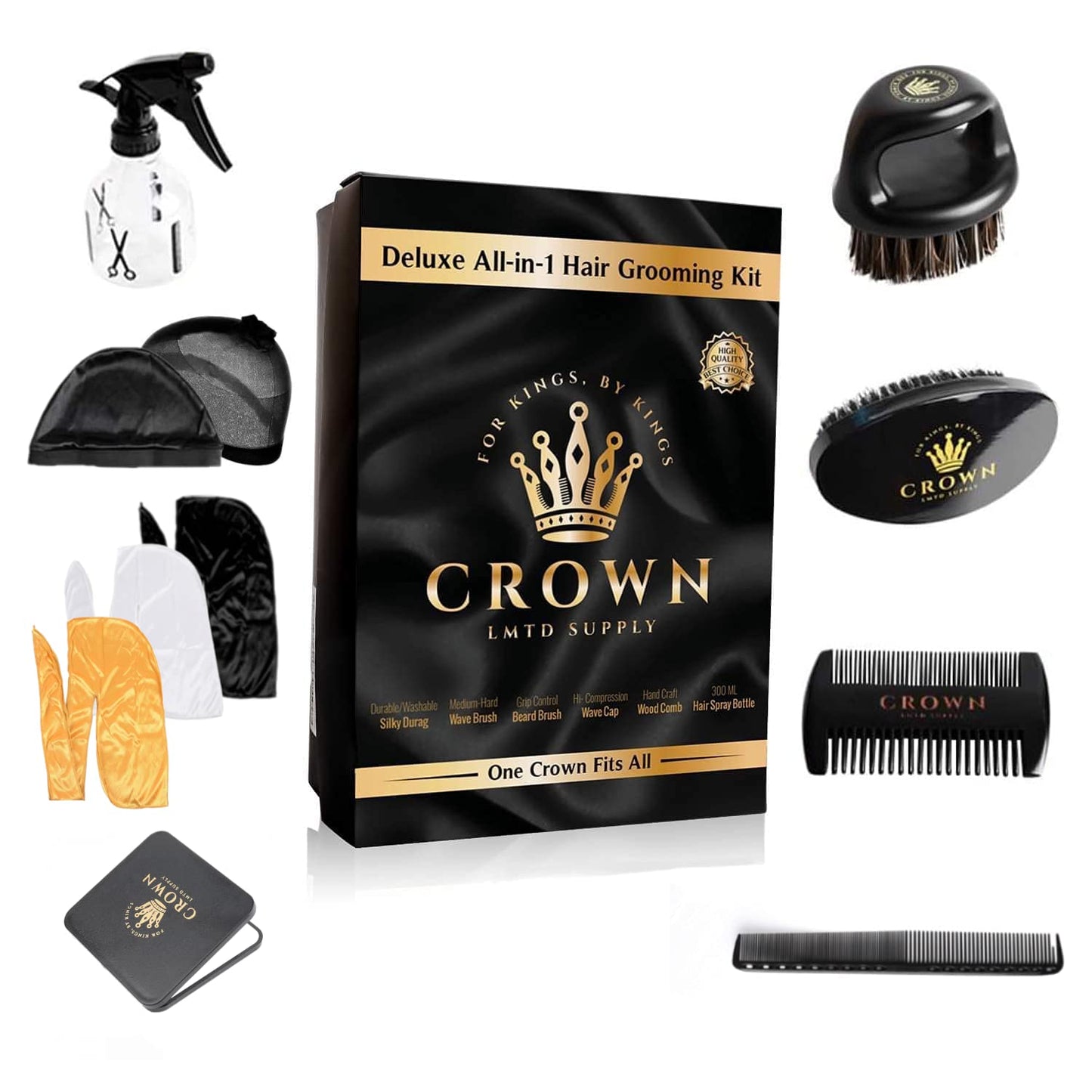 Queen Box Deluxe Womens -7 in 1 Hair Care Kit: Detangler Brush, Bonnet, Rat Tail Comb, Silky Scarf, Spray Bottle and BONUS Hair Ties. for Afro Curly & Straight Hair Health & Beauty > Personal Care > Hair Care Crown Quality Black and Gold