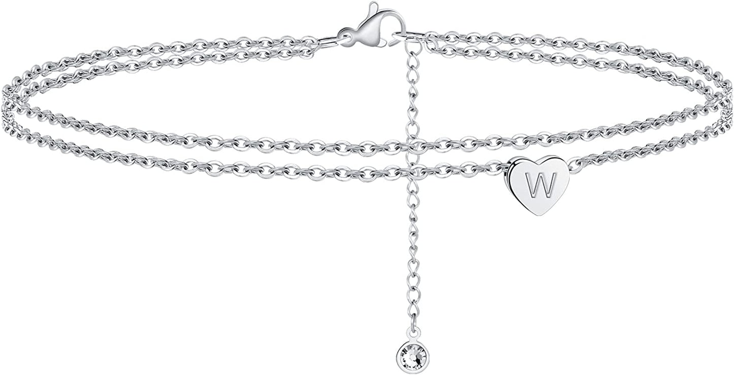Turandoss Silver Heart Initial Ankle Bracelets for Women, 14K White Gold Filled Handmade Dainty Layered Silver Anklet Letter Initial Heart Ankle Bracelets for Women Silver Summer Foot Beach Jewelry Apparel & Accessories > Jewelry > Anklets Turandoss W