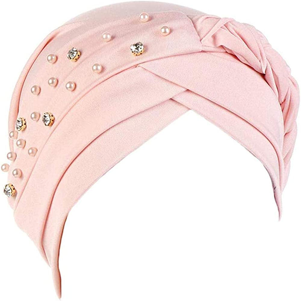 Women Girls Turban Hat, Rhinestone Pearl Braid Turban Head Wrap Baggy Slouchy Beanie Chemo Cap Headwear Hair Wrap Apparel & Accessories > Clothing Accessories > Headwear canjoyn Pink