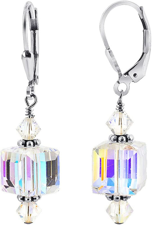 Handmade Cube Clear Austrian Crystals Leverback Drop Sterling Silver Earrings Apparel & Accessories > Jewelry > Earrings Gem Avenue