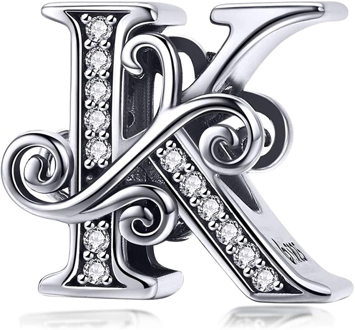 Solid 925 Sterling Silver with Cubic Stones, Complete A~Z Gift Options Alphabet Charm Letter Beads Fit Pandora European Bracelets Apparel & Accessories > Jewelry > Bracelets ABAOLALA ALPHABET K