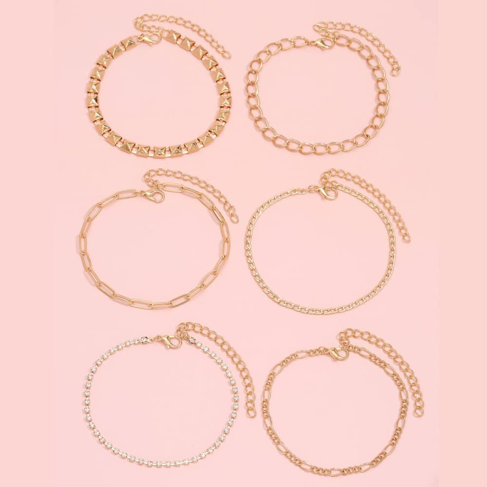 Generic Gold Ankle Chain Fashion Multilayer Punk Anklet Vintage Diamond Anklet for Women and Teen Girls 6Pcs Set Apparel & Accessories > Jewelry > Anklets Generic