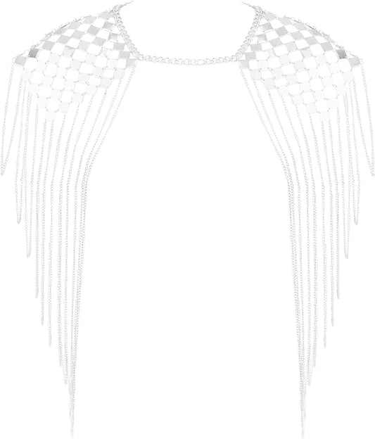 Chrontier Harness Body Chain Link Epaulet Shoulder Chain Necklace Collar Dangling Tassels for Bridal Women Prom Party Wedding Dress Accessory Silver Tone Apparel & Accessories > Jewelry > Body Jewelry Chrontier Silver
