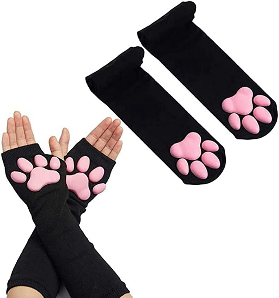 Cute Cat Paw Mittens Gloves, Kawaii Cat Cosplay Kawaii Soft 3D Toes Beans Fingerless Cat Claw Paws Pad Sleeve Apparel & Accessories > Clothing Accessories > Gloves & Mittens HOMEGYMFREE Black Socks+long Gloves