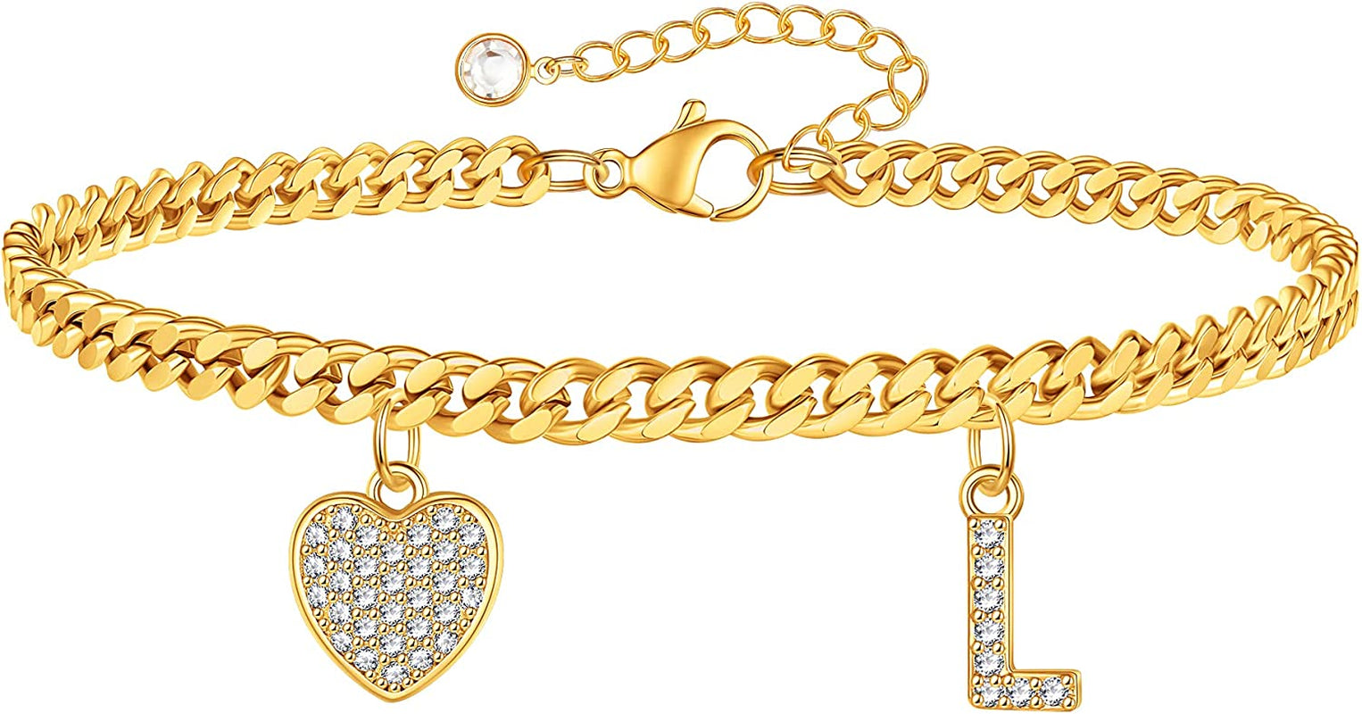Gold Heart Ankle Bracelets for Women 14K Gold Plated Initial Charm Gold Anklets for Women Cuban Link Chain Heart Anklet Bracelets for Women Apparel & Accessories > Jewelry > Anklets BRIJEWLIC L