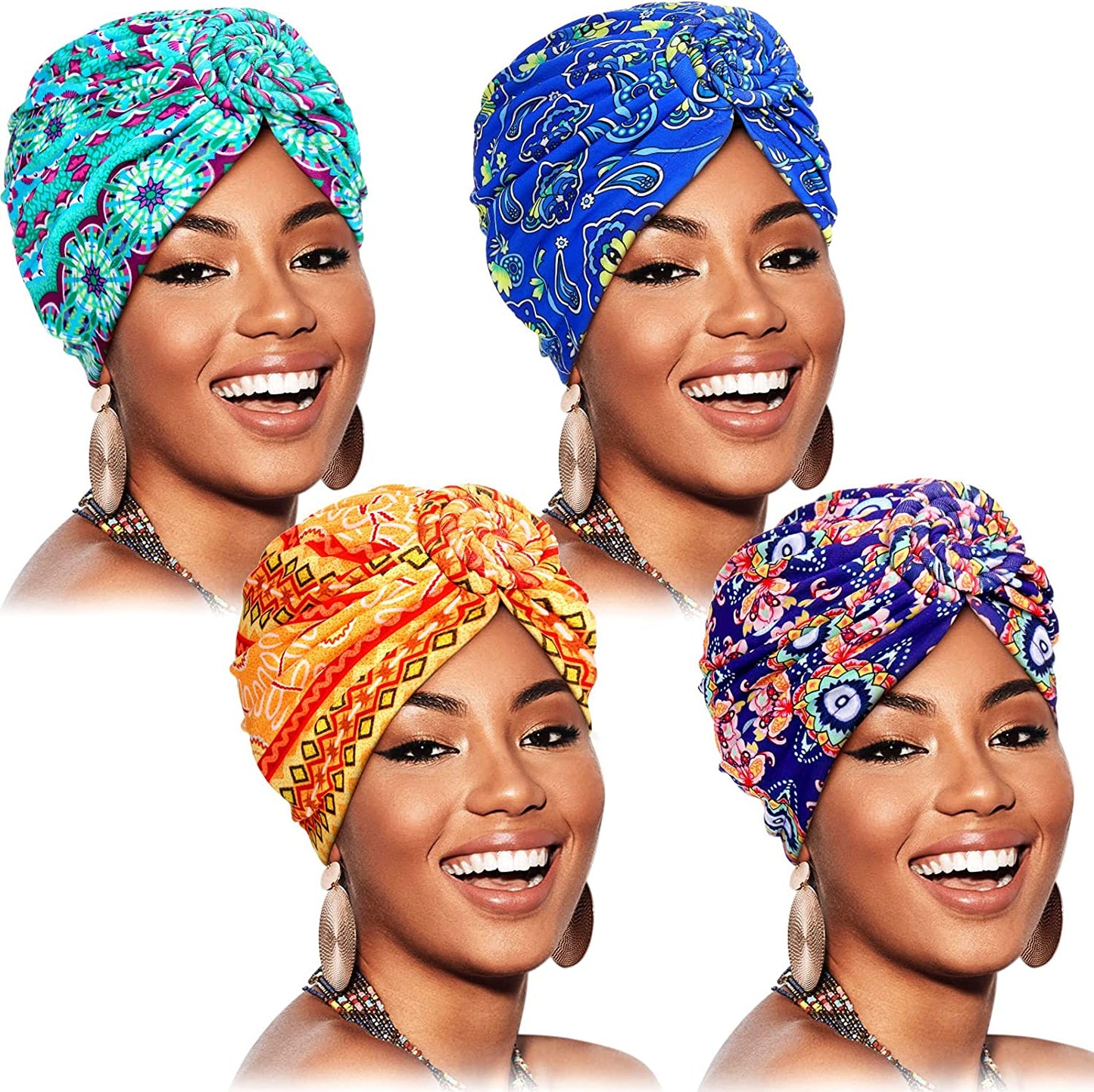 SATINIOR 4 Pieces African Pattern Headwrap Pre-Tied Bonnet Turban Knot Beanie Cap Headwrap Hat Apparel & Accessories > Clothing Accessories > Headwear SATINIOR Classic Style