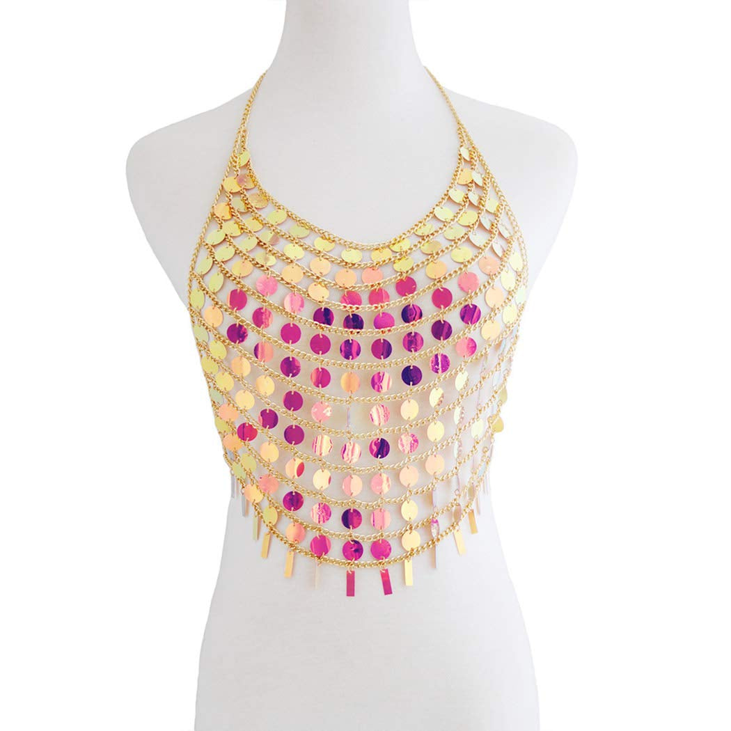 Jeweky Boho Sequins Bra Chain Pink Nightclub Rave Body Chains Sexy Beach Bikini Body Accessories Jewelry for Women and Girls Apparel & Accessories > Jewelry > Body Jewelry Artist Unknown